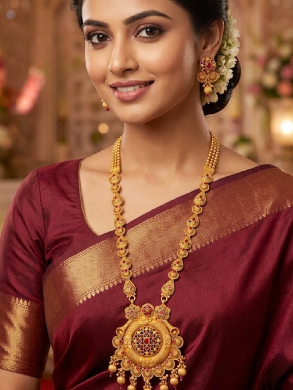 Traditional Gold Temple Jewelry Set: Long Haram Necklace and Matching Jhumka Ear